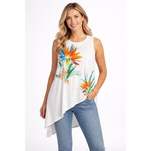 Chico's Tunic Size 4 XXL White Tropical Bird Paradise Palm Asymmetrical Tank NEW